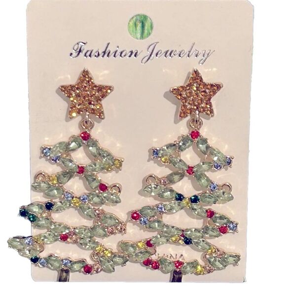 New - Christmas Tree Rhinestone Sparkle Earrings - Picture 3 of 3